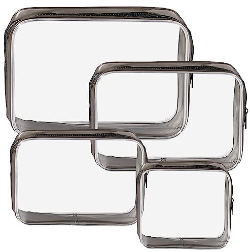 KEYRI 4 Stück Kulturbeutel Transparent wasserdichte Kosmetiktasche Flugzeug Beutel Make-up Tasche TSA Zugelassene Kosmetiktasche Durchsichtig PVC Reise Waschtaschen für Reisen Männer Frauen (Schwarz)