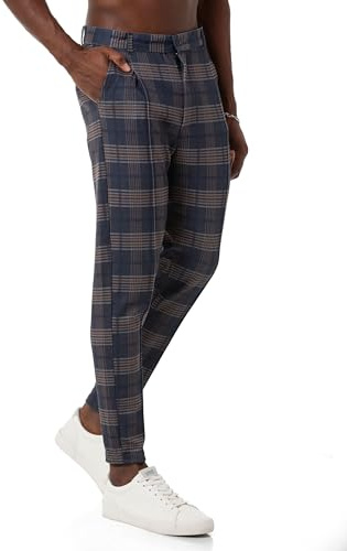 Redbridge Chino-Hose für Herren Freizeithose kariert mit Gummibund Jogg-Pants Casual Navyblau-Braun L