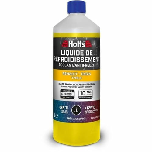Holts HAFR0003B Kühlerfrostschutz für Auto Renault Dacia Type D, 10 Jahre, 480k km, Kühlmittel, kühlflüssigkeit Motor Auto bis -25°C, gelb, 1 Liter