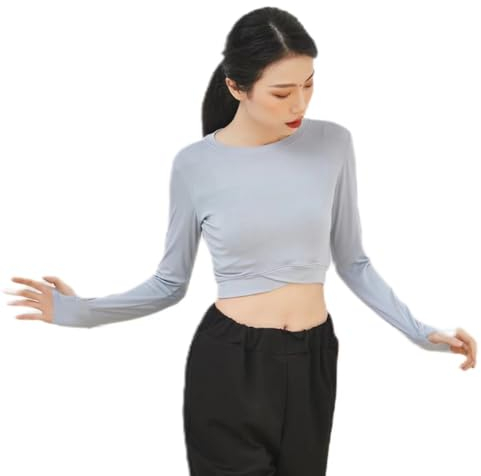 HEARTTOUCH Damen Ballettjacke Wickeljacke Lang-/Kurzarm Bolero Tops Kurz Schulterjacke Tanzoberteil Einfarbig Soft Yoga Gymnastik Oberteil Tanzbekleidung (A Grau-Blau,S,S)