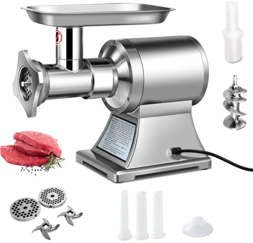 CYTBEK Electric Meat Mincer Grinder, 250KG/H Stainless Steel Sausage Maker with 750W Copper Motor, 2 Cutting Plates, Sausage & Kibble Kit, Commercial Food Grinding Mincing Machine for Home