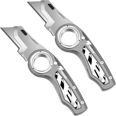 Tondiamo 2 Pcs Folding Pocket Utility Knife Heavy Duty Box Cutter Folding Razor Knife with Anti Slip Finger Loop Easy Change Blades 3 Lock Positions Design (Gray)