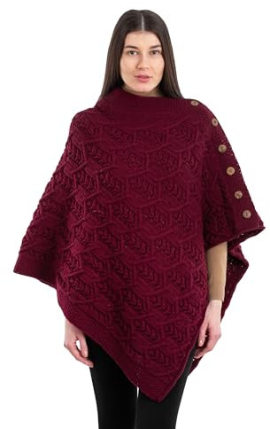 SAOL Aran Poncho 100% Merino Wool for Ladies with Buttons V-Neck Shawl Cardigan (US, Alpha, One Size, Regular, Regular, Wine)