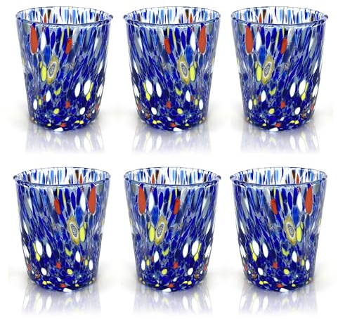 MAZZEGA ART & DESIGN - 6 vasos Goto Tumbler de vidrio soplados y hechos a mano con Murrine Murano - I Colori di Murano - Vaso de agua Tumbler Colombina 350 ml. Fabricado en Italia (6, azul)