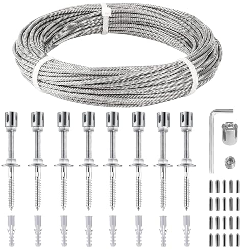 Stahlseil mit ösen, Rankhilfe Edelstahl, Pflanzenstütze für Garten & Balkon, Rankhilfe für Kletterpflanzen, mit Wandhaltern und 3mm Stahlseil (12m Seil+8 Halter)