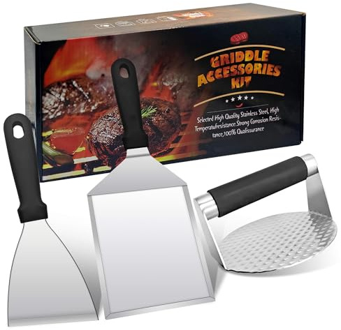 3PCS Smash Burger Press Kit - Burger Press,Hamburger Spatula,Griddle Scraper, NONSTICK Stainless Steel with Anti-Scald Handle,Griddle Set for Blackstone,Flat Top