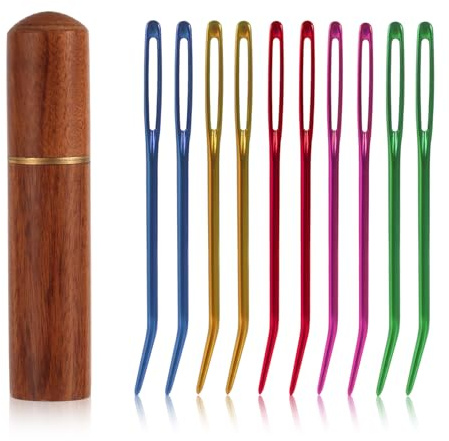 10st Synålar för Stora Ögon Sats, Garnnålar med Böjda Spetsar Stickor för Hand Vassa Vävnålar Brodernålar med Nålfodral i Trä för Virkade/Garn/Stoppningsprojekt