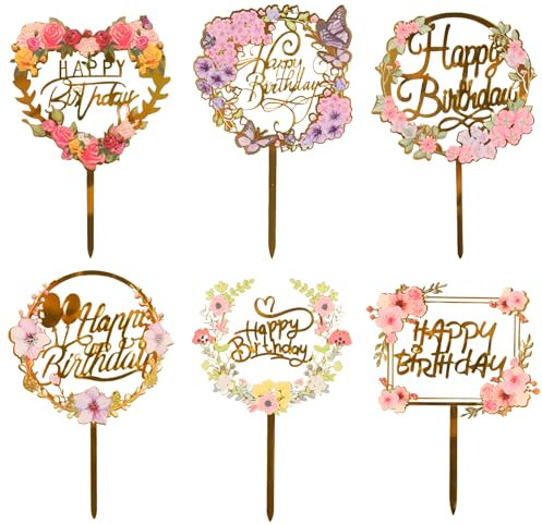 DIYASY 6Pcs Flower Cake Toppers, Acrylic Printed Happy Birthday Decor Cake Dessert Toppers for Birthday Wedding Decorations