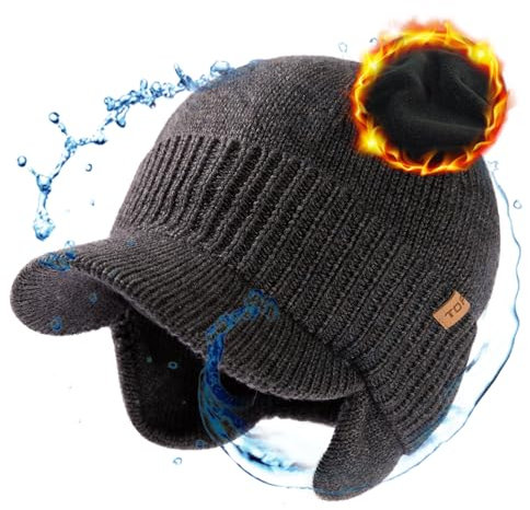 TOP-EX Große Herren und Damen Merino Wollmütze mit Schirm, Ohrenklappen und Fleece, wasserdicht und Winddicht, ideal für Outdoor-Aktivitäten, Grau L/XL