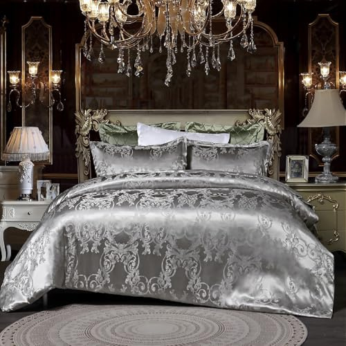 TUMAN Pro Duvet Cover Bedding Set European Luxury 3-Piece Modern Simple Satin Embroidery Jacquard Gray No Comforter (King)