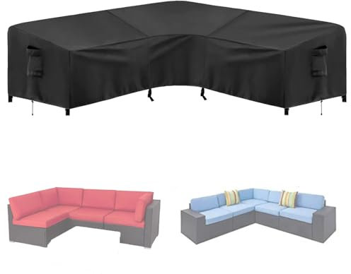 L/V-Form für Abdeckung Gartenmöbel, Wasserdicht Abdeckplane für Gartenmöbel Ecksofa Outdoor,420D Oxford Schutzhülle für Loungemöbel L-form für Terrasse mit Schnalle(Size:V Shape: 215*215*87cm,Color: