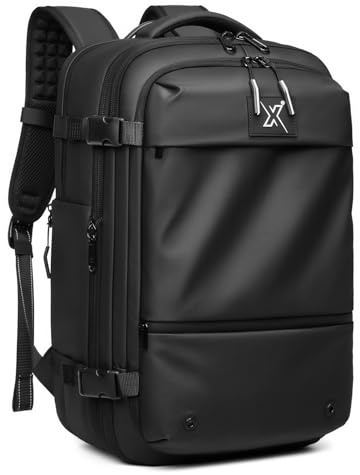 Nomadax Mochila de Viaje Cabina 49x32x15 con Compresión al Vacío y Mini Bomba, Candado TSA, Portátil 17,3, Impermeable – Apta Ryanair y Vueling (Hombre y Mujer)