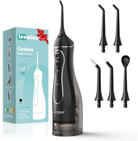 Leominor, idropulsore per denti, irrigatore orale portatile da 300 ml, serbatoio rimovibile, impermeabile IPX7, ricaricabile, da viaggio, macchina professionale per filo interdentale (nero)