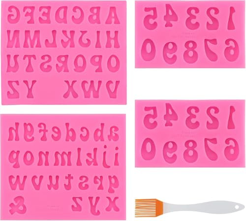 4 Stück Silikon Buchstaben Zahlen Formen mit 1 Pinsel, Schokolade Dekoration Form, Fondant Formen für Dessert Dekoration