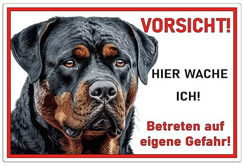 Schild Rottweiler Vorsicht Hier wache ich - Betreten auf eigene Gefahr! - Achtung - Hundeschild Warnschild- - Warnung vor dem Hund - M2 (PVC Hartschaum weiß, 30x20 cm)