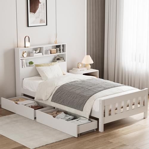 Aptliton Wooden Solid Bed Frame with Drawers, Single White Storage Bed Furniture for Kids, Teenagers, Adults, Pine and MDF, 3ft, 190x90cm, White