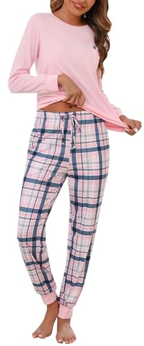 Bresdk Schlafanzug Damen Lang Pyjama Baumwolle Set Nachtwäsche mit Bündchen | Bequemer Hausanzug Damen, karierte Hose, Brusttasche, verstellbarer Kordelzug, ideal zum Schlafen und Entspannen