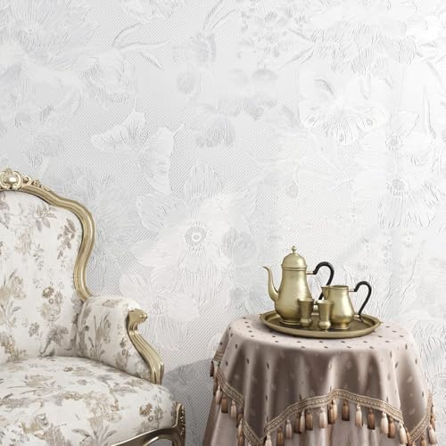 FunStick Selbstklebende Tapete Weiße Blumen Schmetterlinge Vintage Strukturtapete Muster Muschelweiß Badezimmer Folie Wand Klebefolie Möbel Weiß Blumenmuster Tapete Schlafzimmer Möbelfolie 40CMX2M