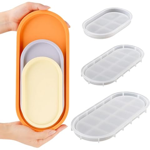 3 Pcs Silicone Moulds for Resin, Resin Silicone Moulds, Resin Moulds Silicone Oval Trays for DIY Coasters, Bathroom Organization, Candle Holders, Jewelry Display, Concrete Deco