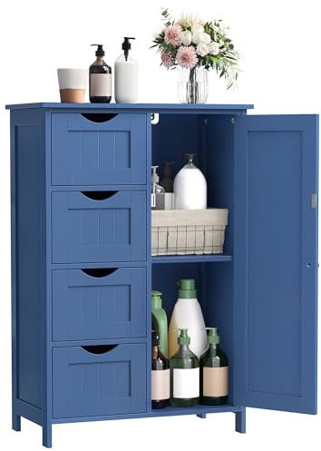 VASAGLE Mobile da Bagno, Mobiletto per Bagno Stretto, Organizzatore, Cassettiera, con 4 Cassetti, Anta, Ripiano Regolabile, 30 x 55 x 82 cm, Blu Porto LHC041QE02