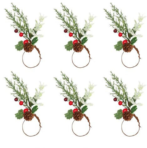6 Stück Rote Beeren Serviettenhalter,Weihnachten Serviettenschnallen Set,Ringe Für Weihnachten Tischdekoration,Serviettenringe Für Weihnachten,Verschneite Tannenzapfen Serviettenhalter,Kiuiom