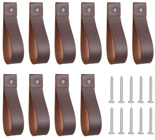Eldraqth 10 Pcs Wall Hooks Leather Wall Hanging Straps PU Leather Straps for Hanging Hooks 1 x 4.7 Inches Curtain Rod Holder with Screws Boho Style Decor for Towel, Bathroom, Kitchen, Bedroom (Brown)