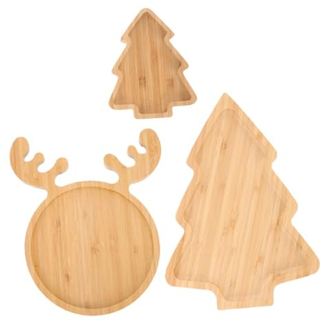 VERDANVERSE Vassoio da Portata Festivo 3 Pezzi a Forma di Renna e Albero Festivo in Legno, Grande capacità, Superficie Liscia Senza Bave per Cucine e Feste