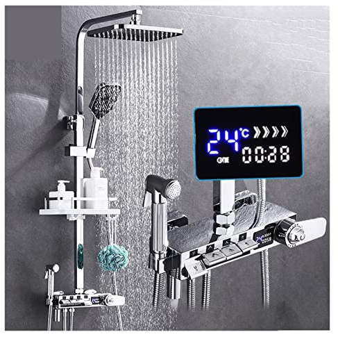 Set Miscelatore termostatico per Doccia, Set Rubinetto Doccia termostatico in Ottone con Display Digitale, Nero, Colonna Doccia a Pioggia, Rubinetto Doccia termostatico a Parete (Nero a)