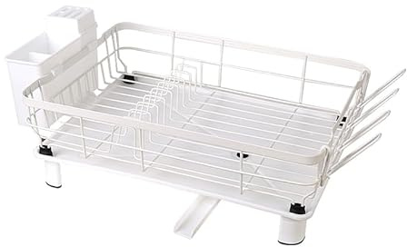 Dish Drying Rack with Drainboard Dish Drainers for Kitchen Counter Sink Adjustable Spout, in Sink Dish Strainers with Utensil Holder and Knife Slots White
