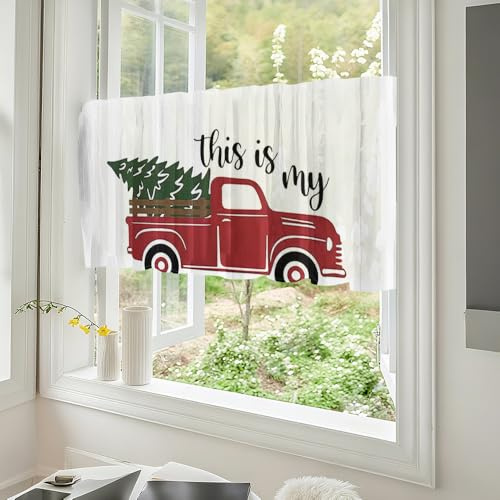 Highdi 3D Weihnachten Kurzgardine Küchen Wohnzimmer, Stangentasche Modern Kurzer Scheibengardinen für Kleine Fenster,Bistrogardine Kurzgardinen 1 Stück (Rotes Auto,230x45CM)