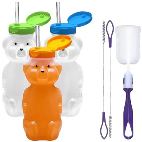 Générique Tasse Ours avec Paille - Bouteille d'Eau 230 ml avec Bec et Couvercle | Tasses Ours Transparentes Mignonnes Avec Pailles,Pour Femmes Et Filles Pour Boissons Café Glacé Et Thé Au