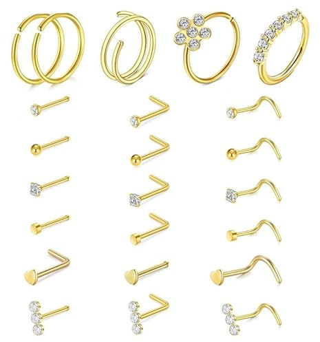 23 Pcs 20G Gold Nose Studs, 14K 316L Surgical Steel, Hypoallergenic Nose Stud Gold, L-Shaped & Corkscrew Noses Piercing with 6A Round CZ Gem, Easy to Wear & Unisex Design Noses Piercing Jewelry