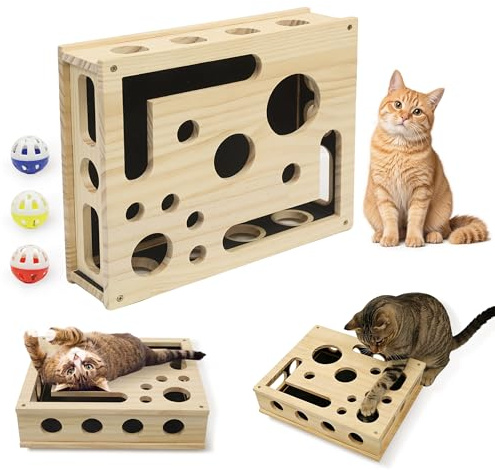 LZDMY Kratzbrett Katzen mit Glockenbällen, Fummelbrett Kratzboxen | Interaktives Katzenspielzeug Holz mit Sandpapier, Katzenzubehör Kratzpappe Spielen, Entspannen und Krallenwetzen