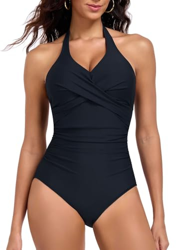Vevarble Swimming Costume Women Halter Neck Ruched One Piece Swimsuit | Twist Front Detail, Ruched, Halter Tie, Removable Pads, Tummy Control Bathing Suit