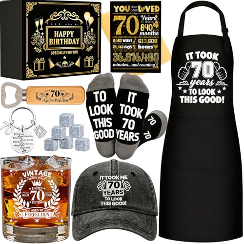 70th Birthday Gifts for Men Whiskey Glass Set, Cool Gifts for 70 Year Old Men with 11 Oz Whiskey Glass Apron Baseball Cap Sock Keychain Bottle Opener Greeting Card for Him Dad Husband Grandpa
