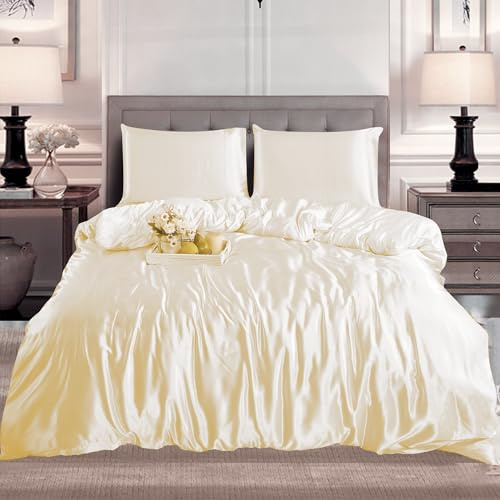 BOSKI LONDON Luxury Satin Silk Duvet Cover Set | 3 Piece Bedding Set with Pillowcases | Soft Breathable Quilt Cover with Zip | Single Double King Sizes (CREAM, KING)