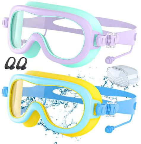 Occhialini da nuoto per bambini - Occhialini per bambini con clip per naso e tappi per le orecchie, occhiali da nuoto antiappannamento | Occhiali con protezione UV a prova di perdite e visione ampia p