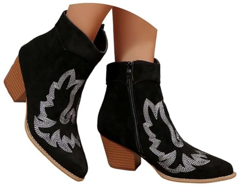 HTNEDNST Stivali da cowboy da donna, estivi, stile western, per festival, mezza altezza, stile vintage, con tacco a blocco, stivali da equitazione, stivali da cowgirl, A17 nero., 43 EU