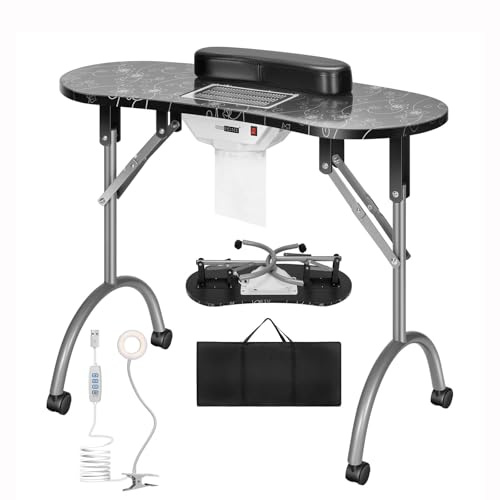 Klappbarer Nageltisch, tragbarer Beauty-Techniker-Schreibtisch mit LED-Lampe, Handgelenkauflage, feststellbare Räder, Tragetasche