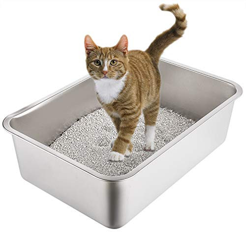 Yangbaga Katzenklo Edeltsahl, Katzentoilette Groß in 50 * 35 * 15cm, Kaninchen Toilette, Stainless Steel Litter Box, Katzenklo offen für Katze,Häschen und andere kleine Tiere (Silber)