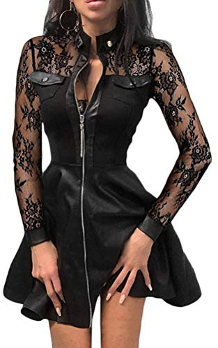 Onsoyours Femme Cuir PU Robe Courte De Club Soirée Sexy Bodycon Manches Longues Col V Cocktail Cérémonie Mini Dress avec Fermeture Éclair A Noir S