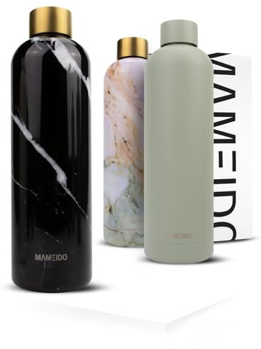 MAMEIDO Thermosflasche 1 l, auslaufsichere Trinkflasche Edelstahl, Kohlensäure geeignet, BPA frei, Isolierflasche 12h heiß & 24h kalt (Black Marble Gold)