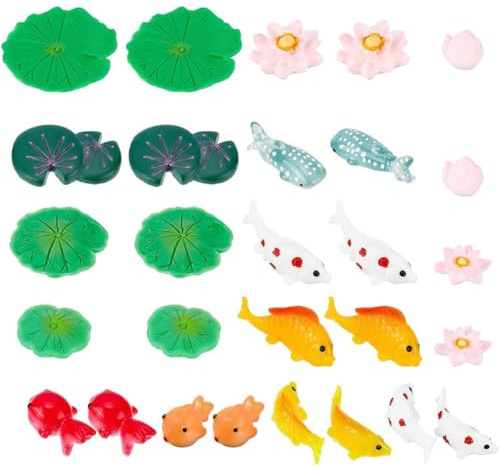 CHGCRAFT 28Pcs 14 Style Miniature Resin Water Lily Pads Aquarium Fish Tank Decoration Leaf-Realistic Artificial Floating Lotus Flowers for Terrariums Fairy Garden Pool Patio Pond Wedding Decor