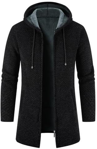 KUDORO Cardigan Gilet Homme Long à Capuche Zippé Cardigan en Tricot Hoodie Épais et Décontractée Polaire Chandail Sweats à Capuche(Noir,XL)