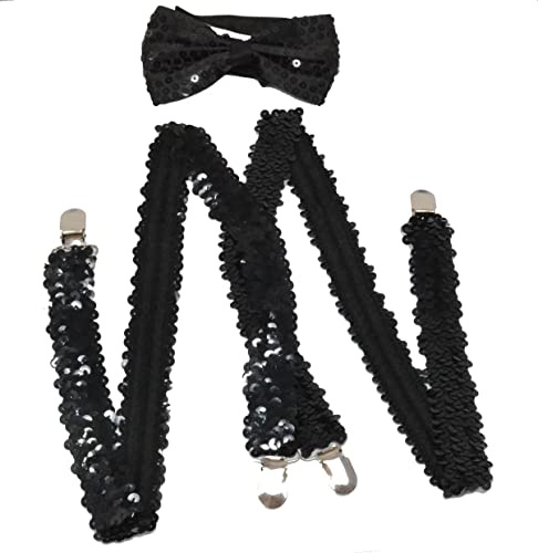 Z&H (Schwarz) Set mit Fliege und Trägern. Pailletten-Träger, elastische Träger, Schwarz, Kostümzubehör., Schwarz , One size