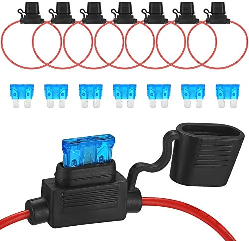 7pz Portafusibili per Auto con Fili, Portafusibili per Auto in Rame con Fusibili, Portafusibili per Fusibili Piatto, Utilizzabile per Auto/Camion/Moto (16AWG/15A)