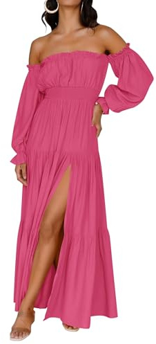 ZESICA Women's 2024 Boho Sexy Off Shoulder Long Sleeve Smocked High Waist Side Split Flowy A Line Tiered Long Maxi Dress, Rose, S