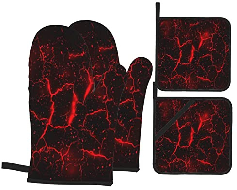 Lot de 4 Gants de Four et maniques, Motif Texture de Lave volcanique, Gants de Four résistants à la Chaleur, Ensemble de maniques pour la Cuisine, la Cuisson, Les grillades