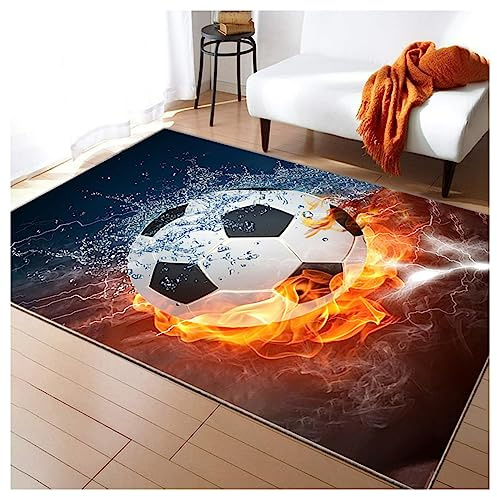 HAZARA Fußballplatz Spielteppich, Eisfeuer Fußball Bedruckt Großflächige Teppiche Sport rutschfest Spielteppich 3D Fußball Mit Flammen Bedruckten Teppichen Für Schlafzimmer(F,80x120cm/31x47in)
