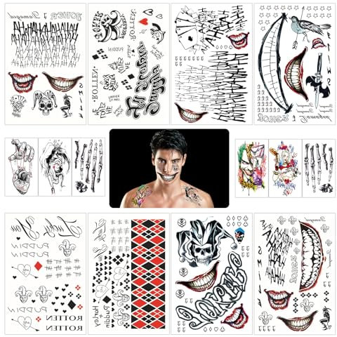 GAROMIA 14 Blätter Temporäre Tattoos, Jok-er Tattoos Herren Damen, JokerTattoo Jok-er Kostüm Tattoos Clown Joke-r Accessoires Gesicht Tatto-os Aufkleber für Karneval Fasching Accessoires